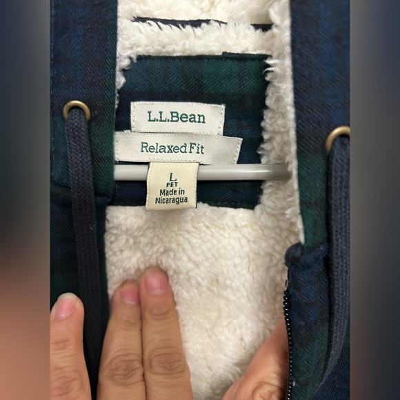 L.L.Bean Flannel Sherpa Lined Hooded Shirt Jacket Blue Green Plaid Large Petite - Picture 4 of 8